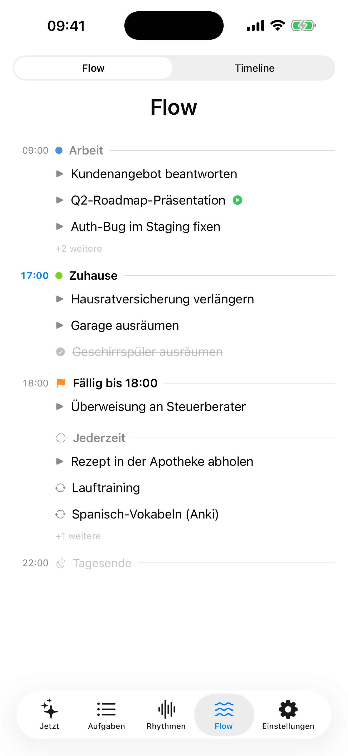 Flow-Tab: Anker-Sequenz mit Bereichs-Blöcken, Deadline-Anker und Jederzeit-Gruppe
