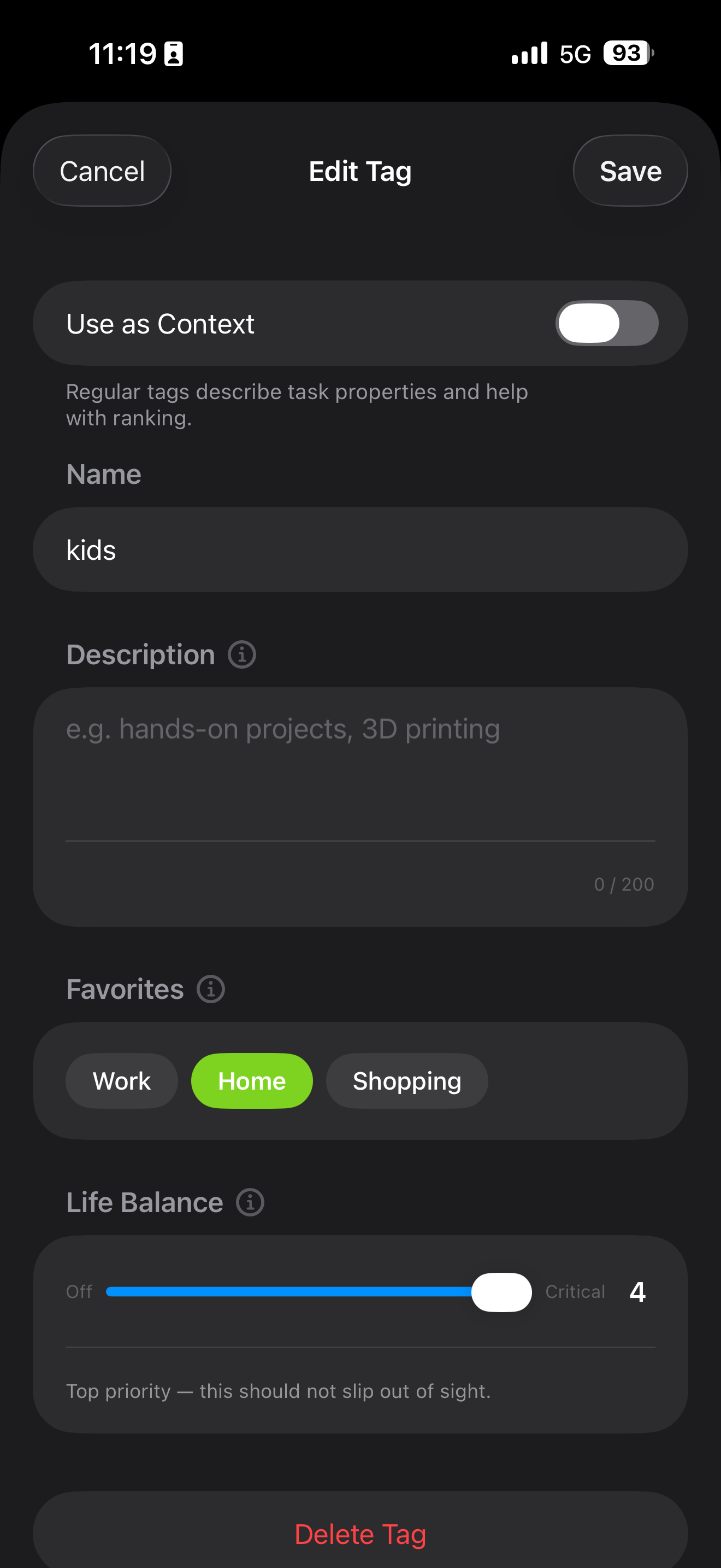 Tag importance editor