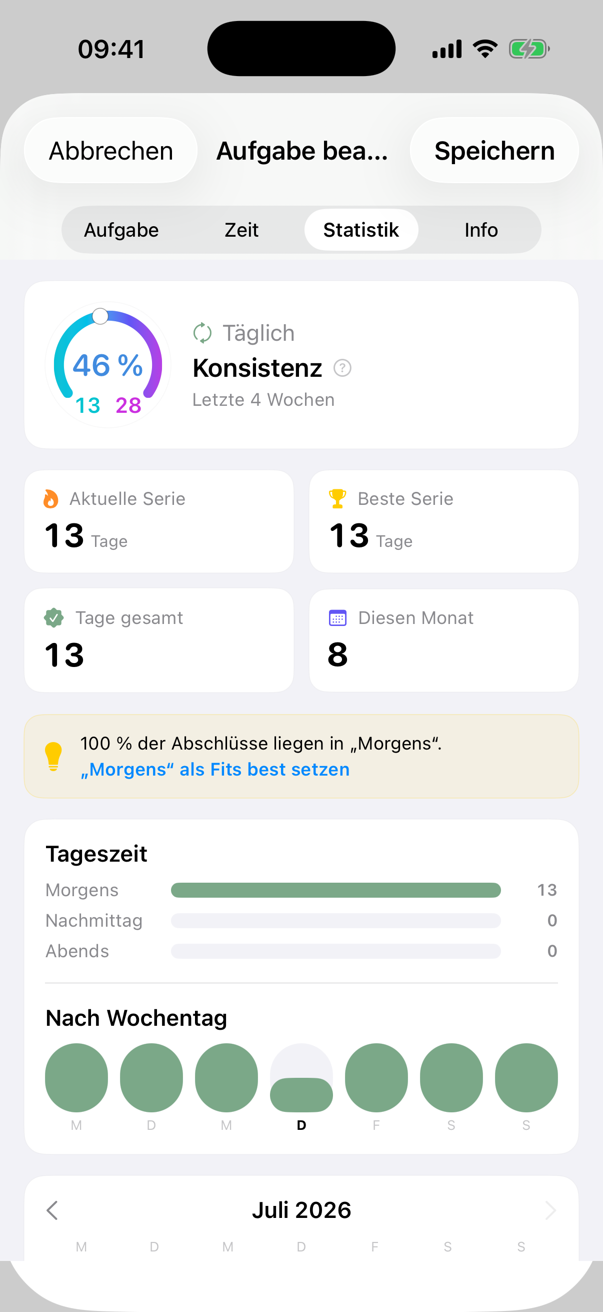 Gewohnheit mit Wochenziel: Konsistenz-Ring, Ziel-Kapsel und Kalender-Heatmap