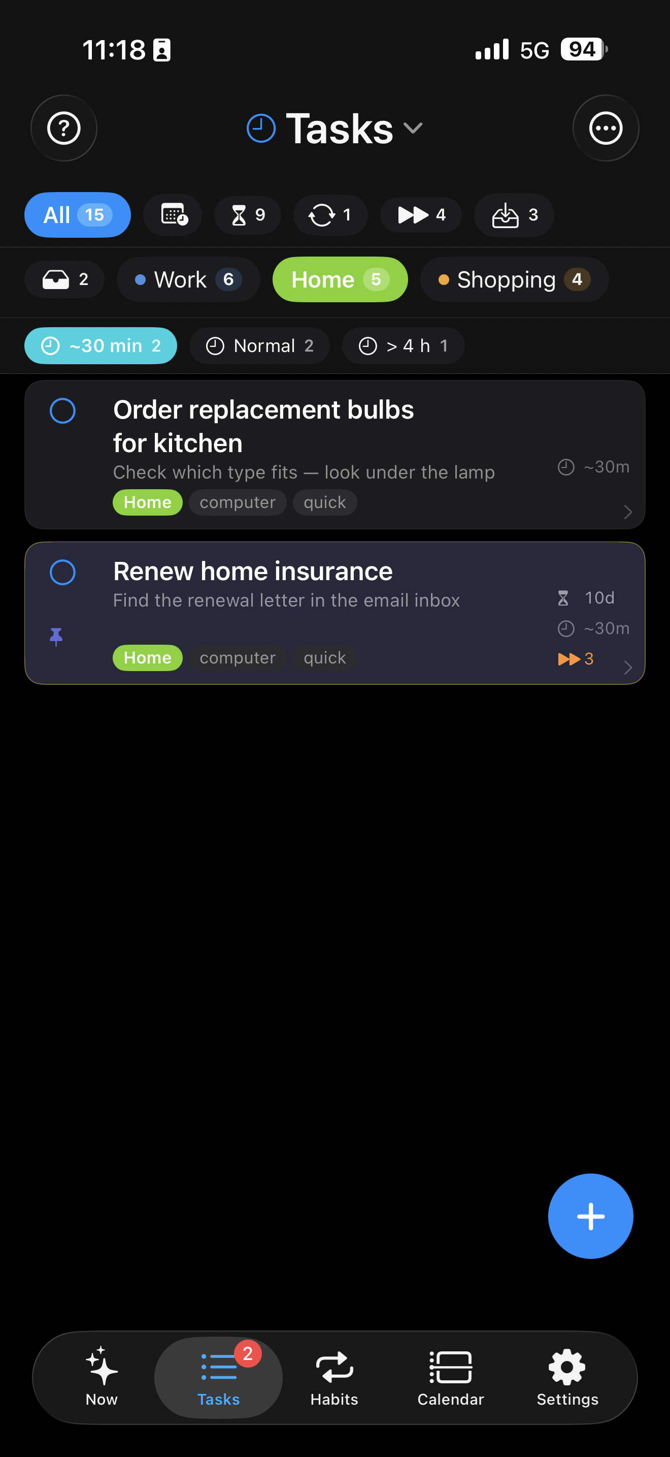 Tasks tab daily recurring